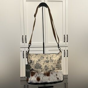 Myra Floral Patterned Shoulder Bag with Cow Hide Accent